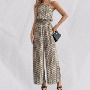 Geometric Print Halter Neck Sleeveless High Waist Wide-Leg Jumpsuit Khaki Black